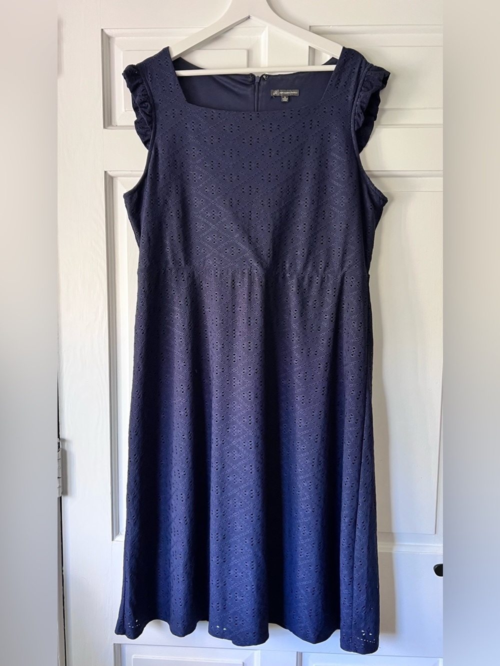 Adrianna Papell Navy Eyelet Midi Dress with Ruffle Cap Sleeves Size XL